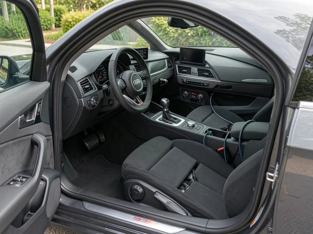 Audi interior with a manual gearshift and three pedals visible in the driver’s footwell