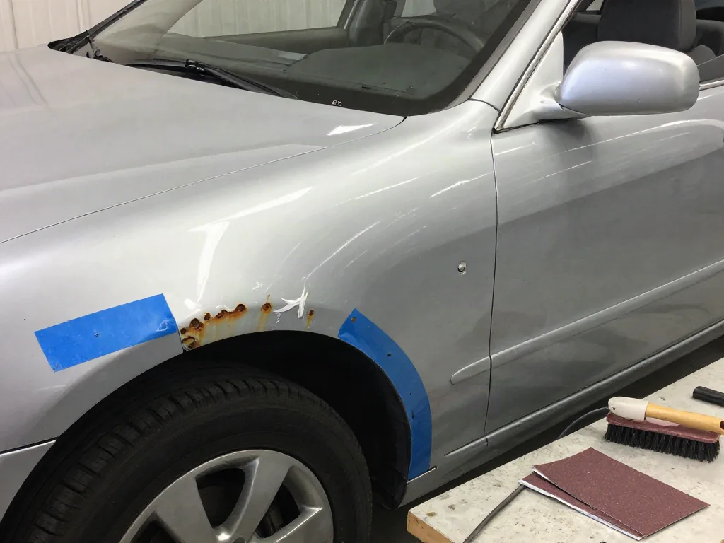 Car fender with rust partly sanded to bare metal, with a wire brush, sanding block and sandpaper in different grits nearby