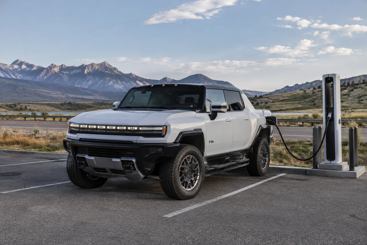 GMC Hummer EV pickup parked at a charging stop along an open highway