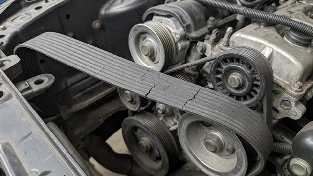 Close-up of cracks across the ribs of a serpentine belt with the engine off