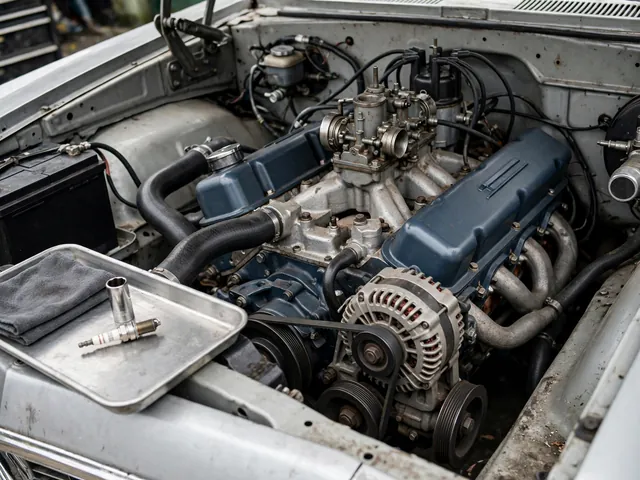 Spark plug and socket beside a classic Chevrolet small-block V8 in a clean engine bay