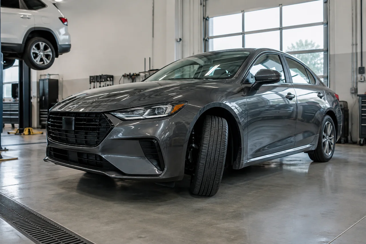 Parked car with a visible front strut and tire in a clean automotive service bay