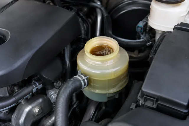 Bubbles visible in a hydraulic power steering fluid reservoir with the engine off