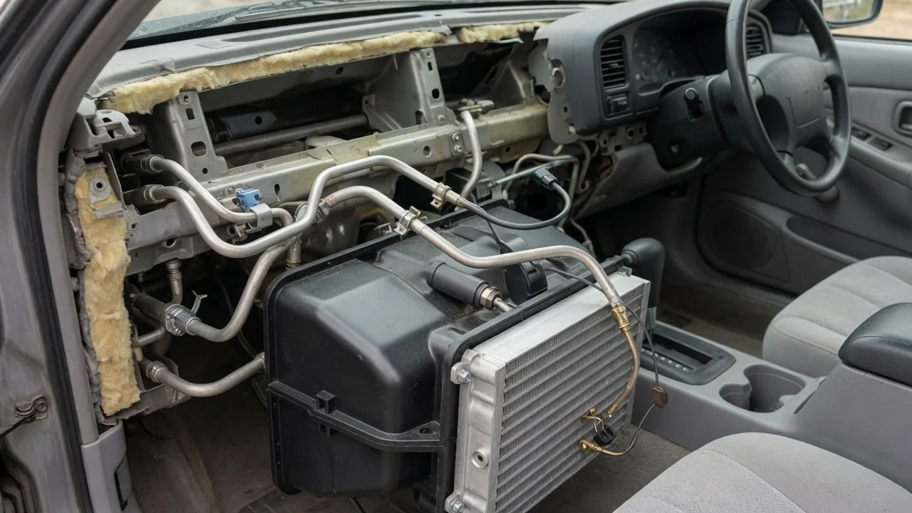 Vehicle A/C refrigerant line sensor and evaporator temperature sensor locations shown schematically