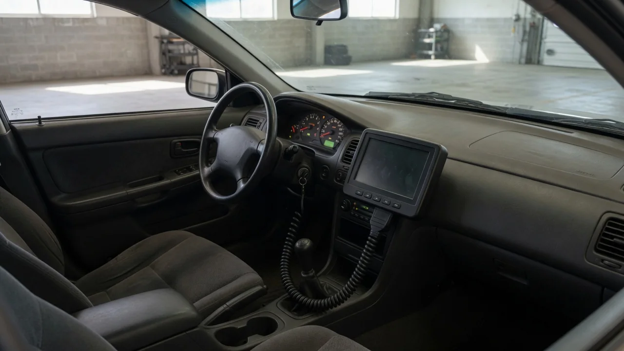 Diagnostic scanner beside a vehicle dashboard displaying a transmission warning light