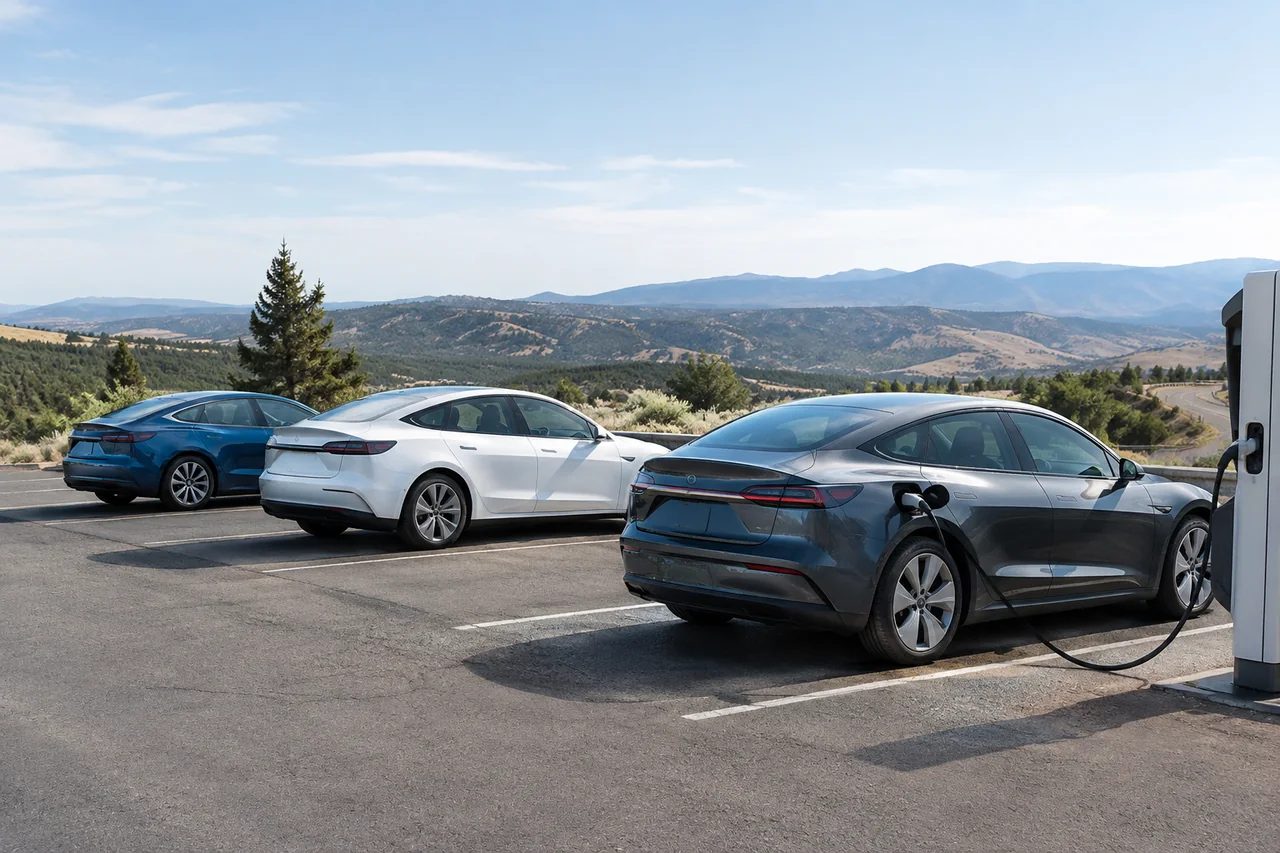Electric sedans parked at a scenic highway charging stop