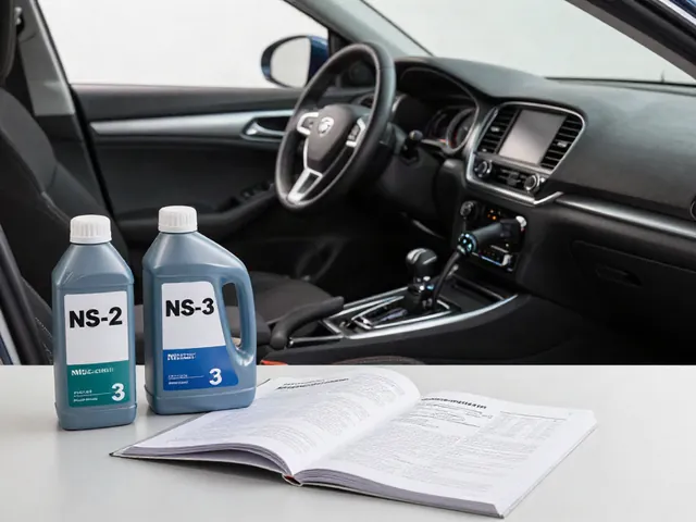 Two sealed CVT fluid bottles labeled NS-2 and NS-3 beside a vehicle owner's manual