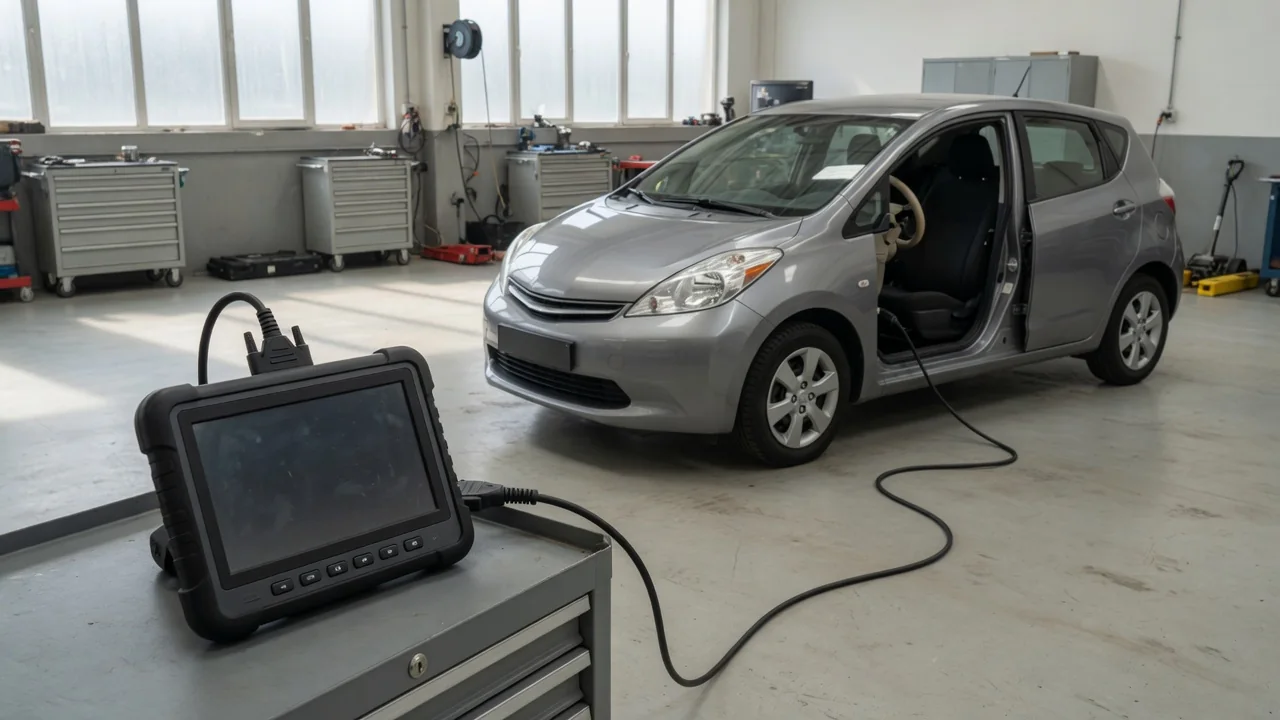 Diagnostic scan tool displaying P1140 beside a vehicle dashboard