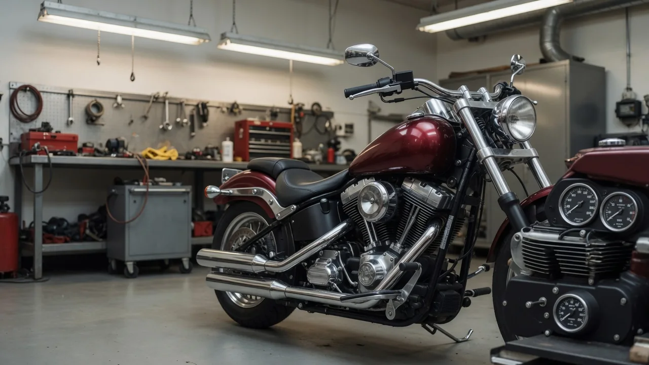 Harley-Davidson motorcycle cockpit with an oil pressure gauge and engine visible