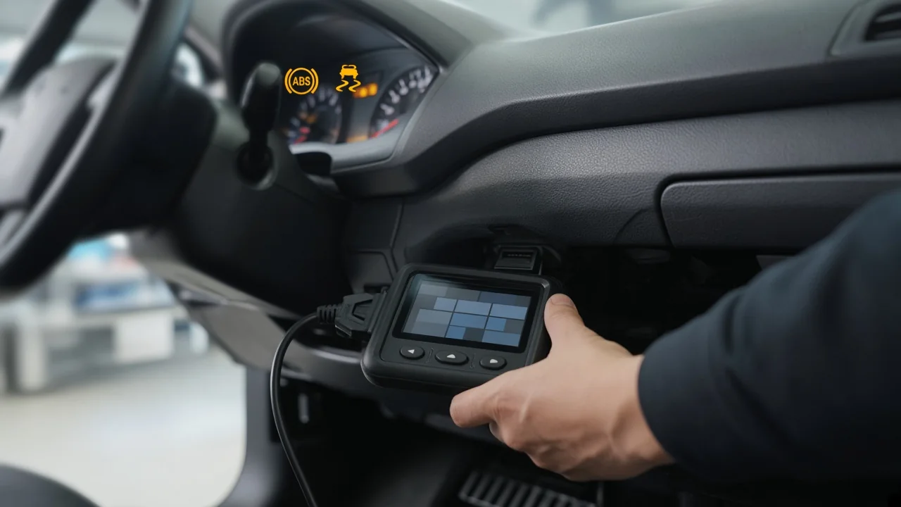 Technician connecting a scan tool to a car's OBD-II port, with ABS and traction control warning lights on the dashboard