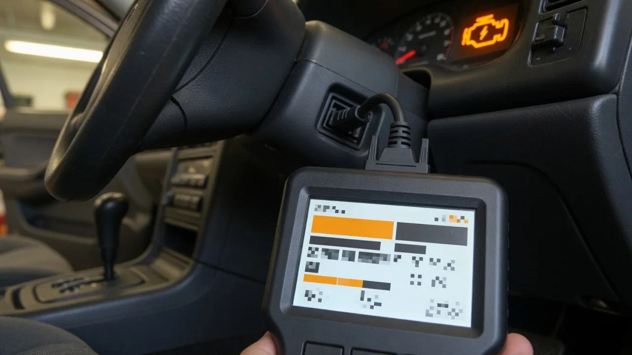 OBD-II scan tool plugged into a car diagnostic port with the check engine light on