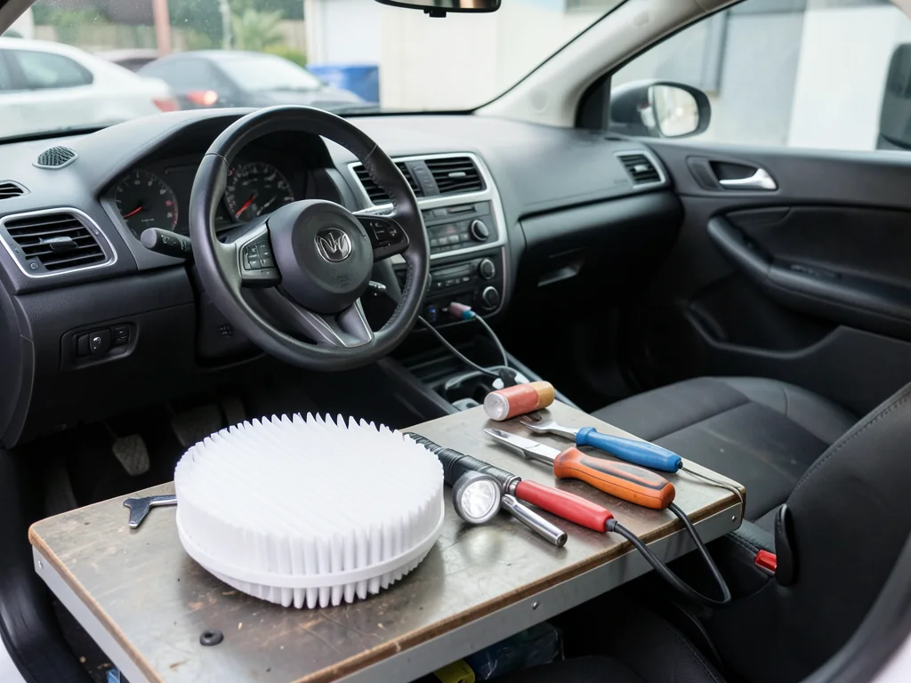 Cabin air filter and basic hand tools laid out for a Mercedes-Benz C300 maintenance task