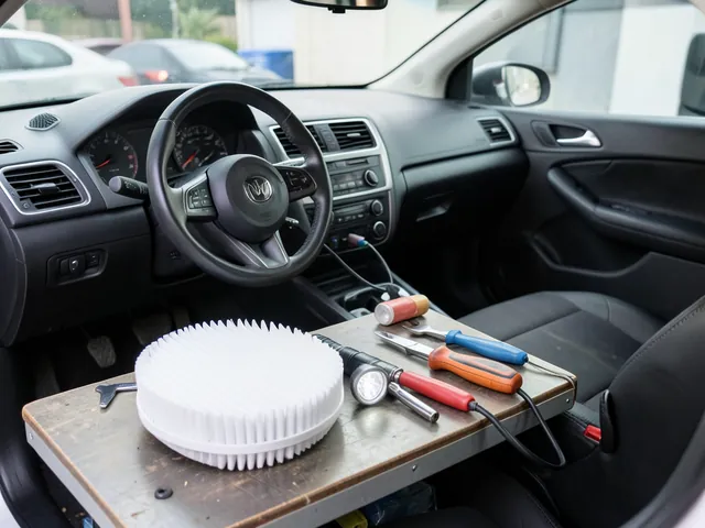 Cabin air filter and basic hand tools laid out for a Mercedes-Benz C300 maintenance task