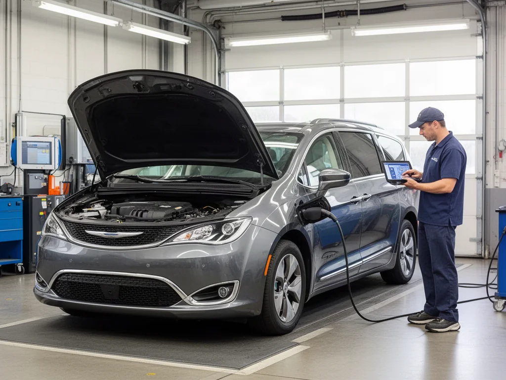 Chrysler Pacifica Hybrid parked in a service bay for a battery system assessment