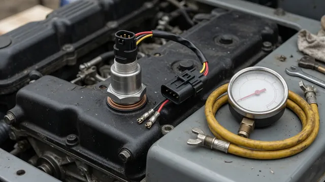 Engine oil pressure sensor connector with a mechanical pressure gauge nearby