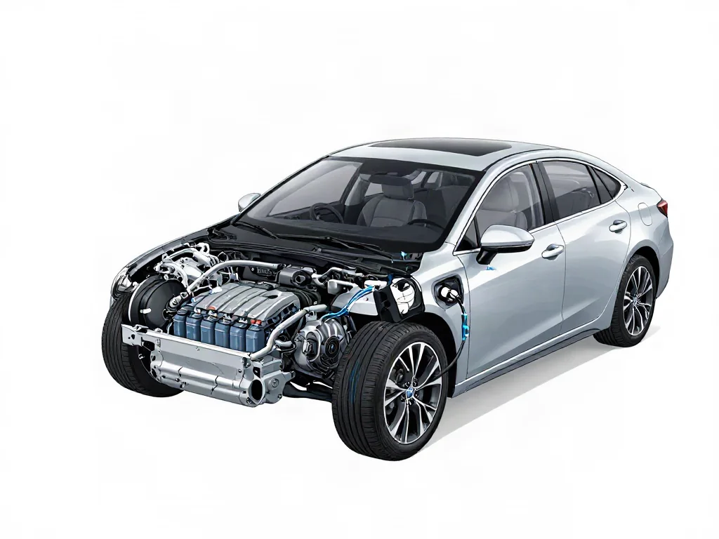 Illustration of a hybrid car showing energy flow between the engine, battery, motor, and wheels