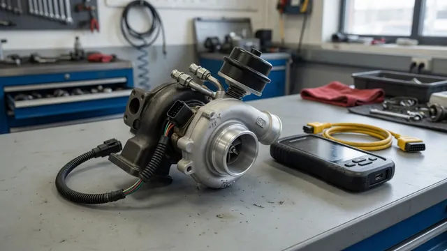 Turbocharger bypass valve and electrical connector illustrated beside a diagnostic scanner