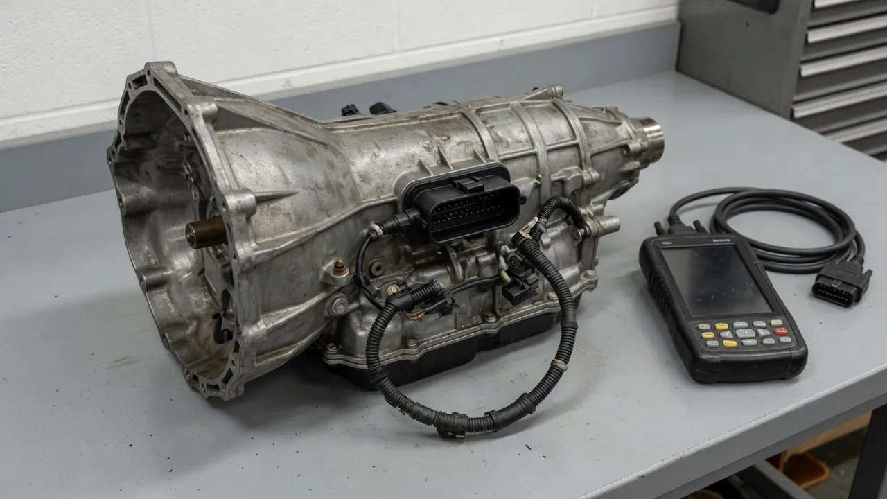 Automatic transmission housing with an electrical connector and diagnostic scan tool nearby