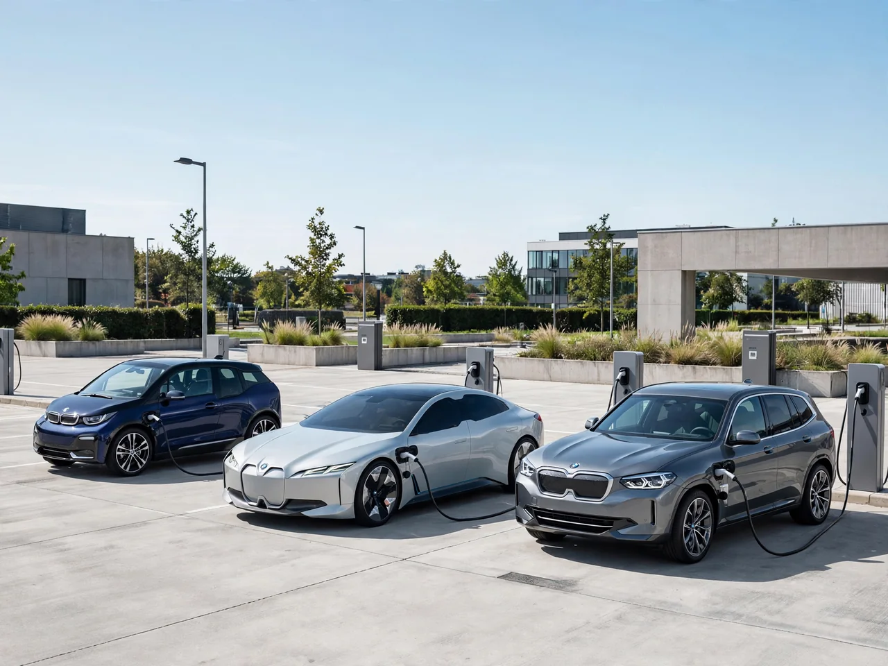 BMW electric and plug-in hybrid cars plugged into charging stations at a sunlit charging plaza
