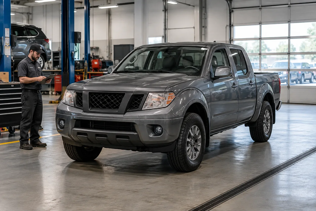 Nissan Frontier parked in a clean service bay for evaluation of a suspected timing chain issue
