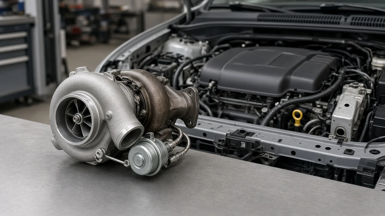 Turbocharger assembly on a clean workbench beside an open Nissan engine bay
