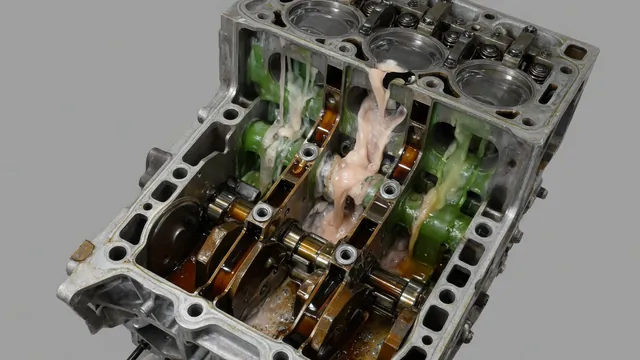 Illustration of an engine showing a possible leak between oil and coolant passages