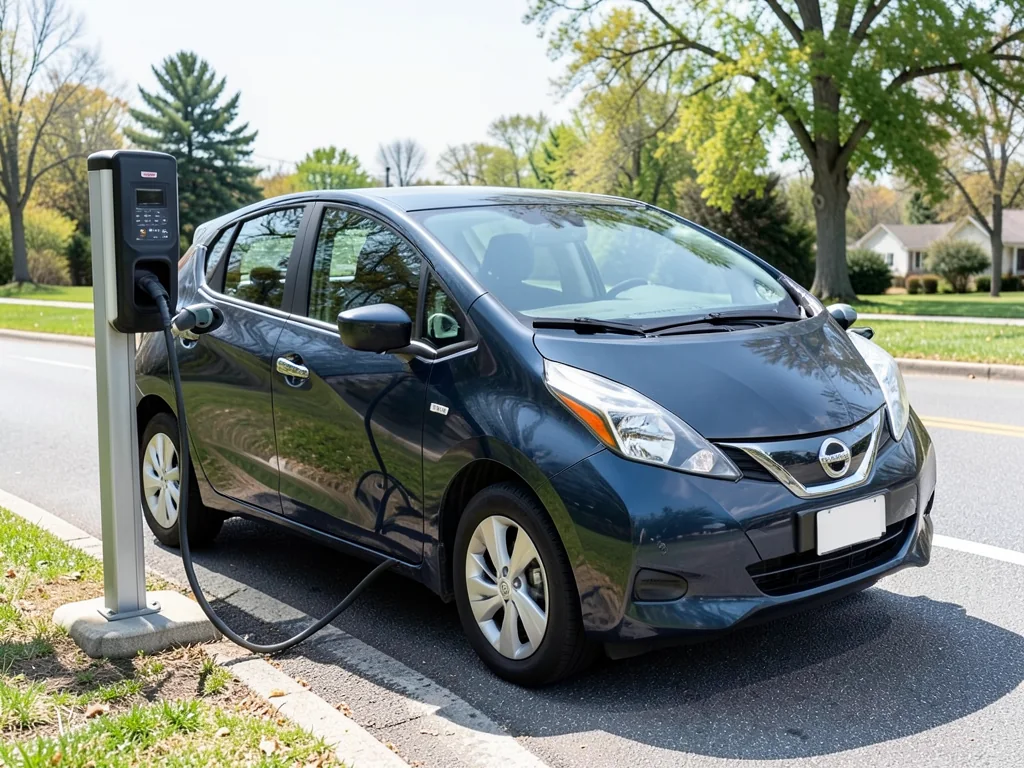 Nissan Leaf parked at a public charging station with a road extending into the distance