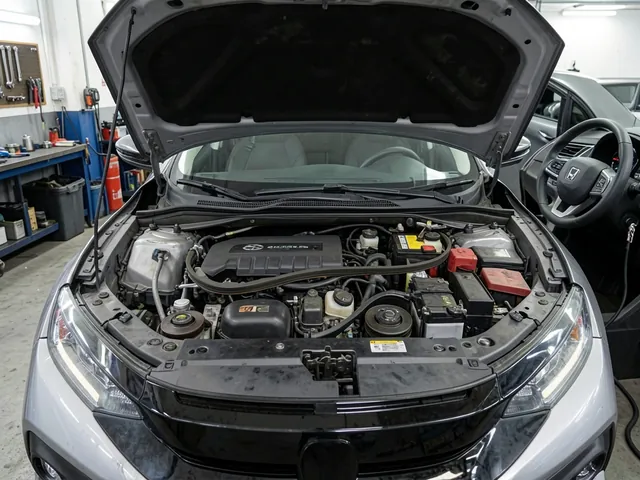 Honda Civic engine bay with the accessory belt and pulleys visible while the engine is off