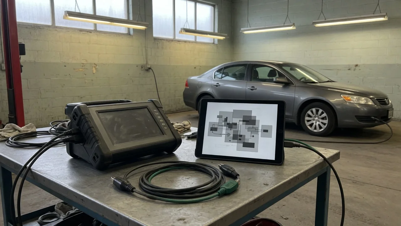 Diagnostic scanner beside an emissions-system diagram in an automotive workshop