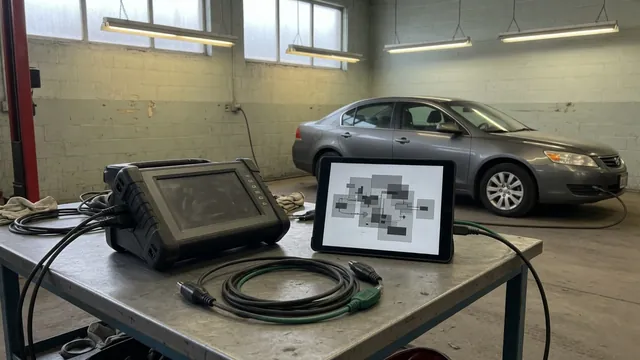 Diagnostic scanner beside an emissions-system diagram in an automotive workshop