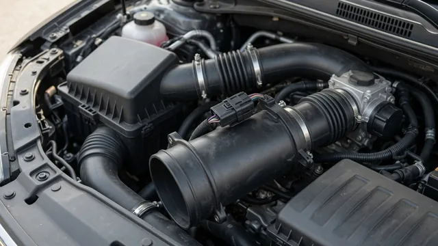 Nissan Z engine bay with the mass air flow sensor position highlighted along the intake tract