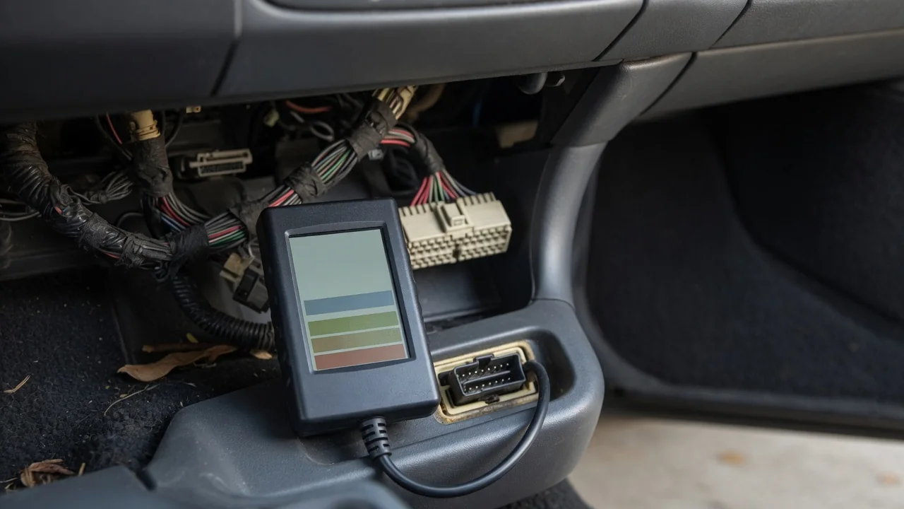 OBD-II scan tool plugged into a car's diagnostic port, showing a network communication fault code