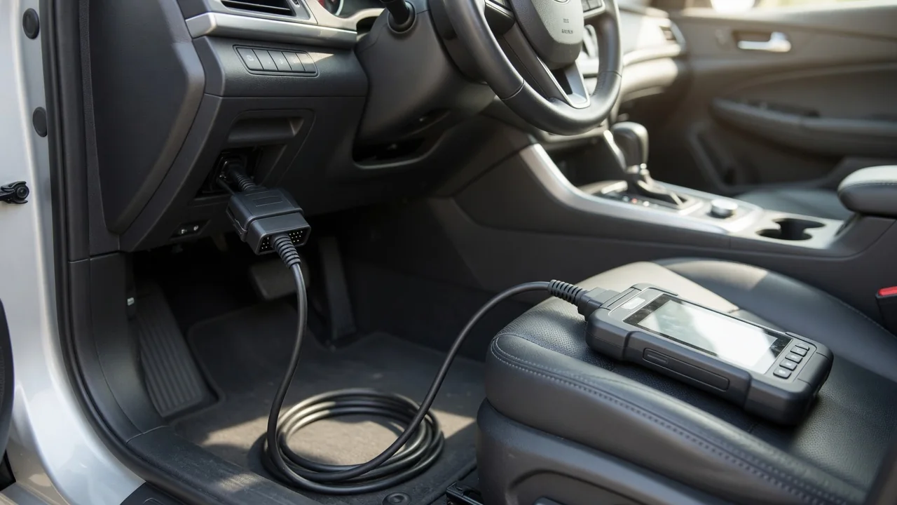 Handheld OBD-II scan tool plugged into a car's diagnostic port under the dashboard to read a trouble code