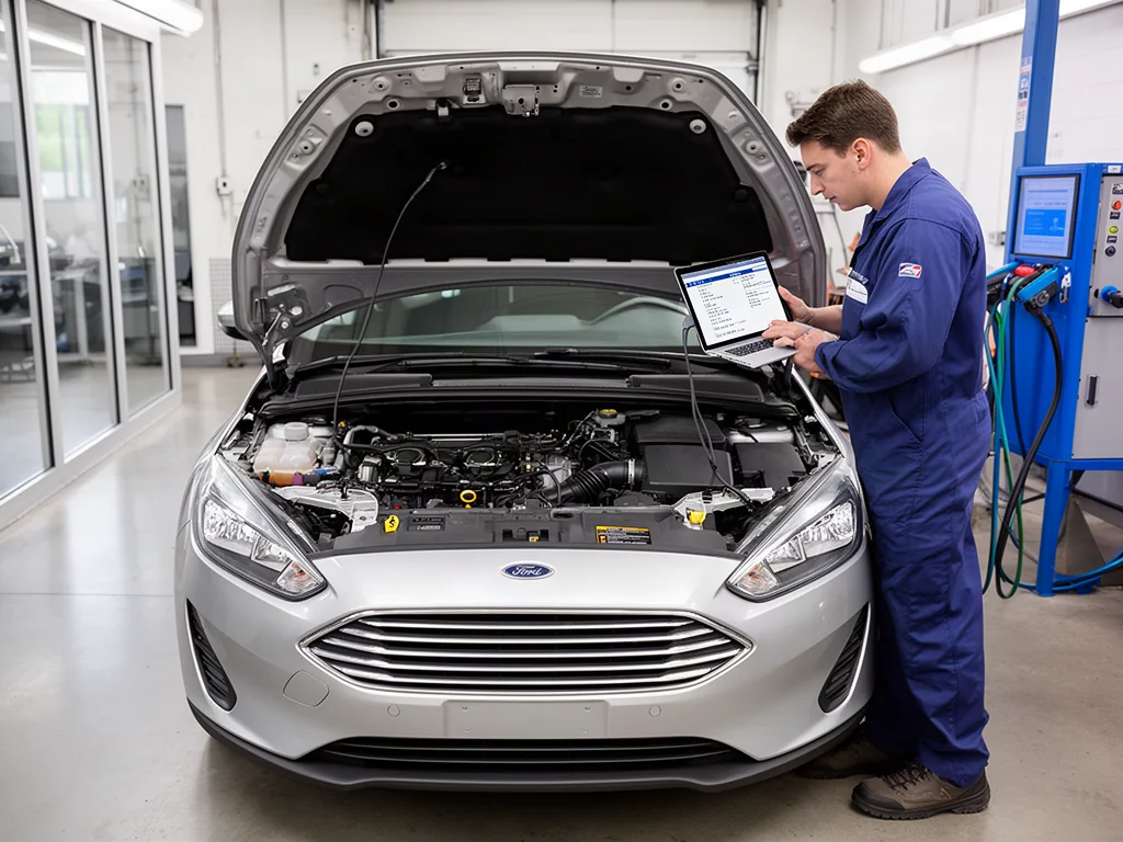 Ford Focus in a service bay with a technician reviewing engine identification details