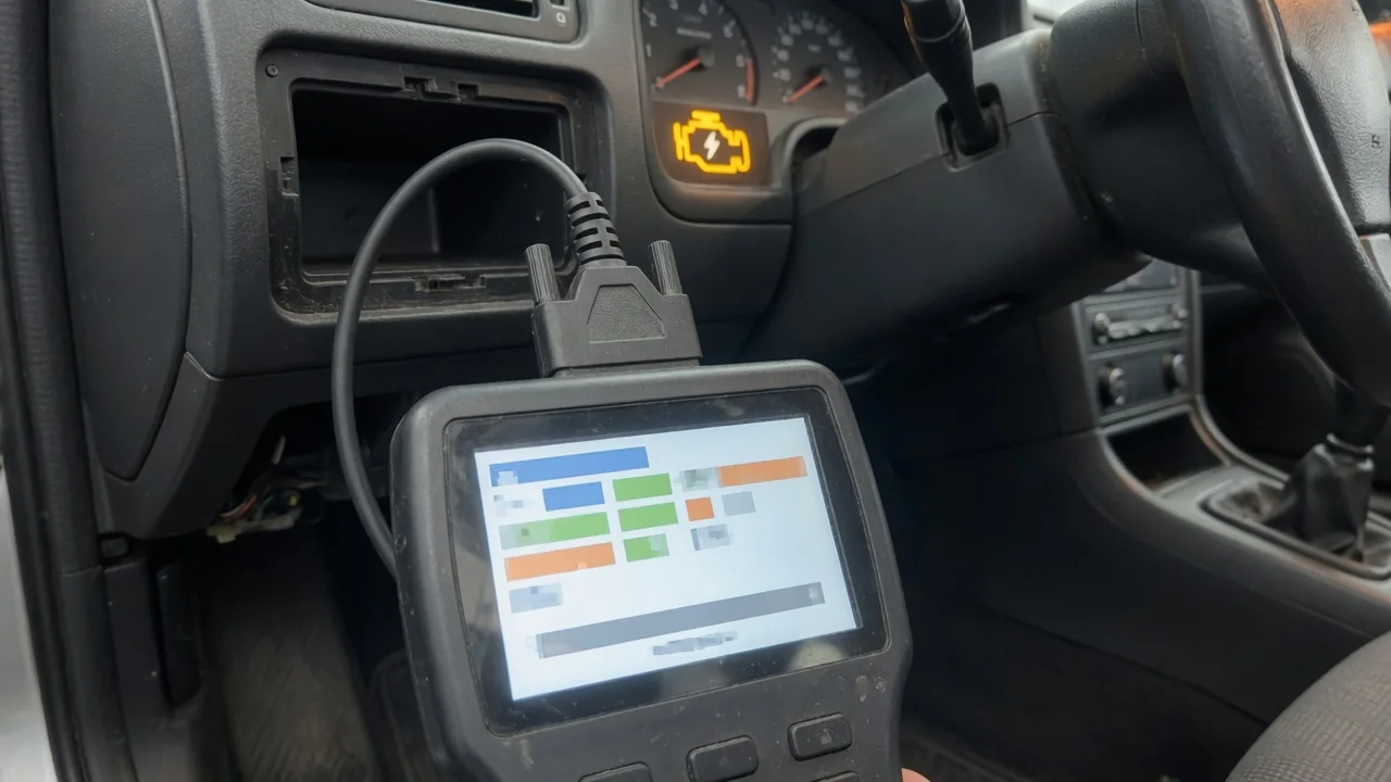 OBD-II scan tool plugged into a car's diagnostic port reading a trouble code while the check engine light is on