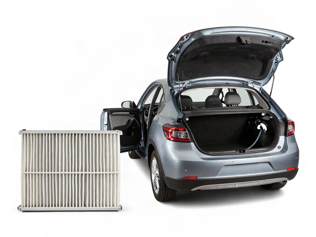Cabin air filter beside an open glove box in a parked SUV
