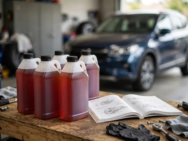 Unmarked transmission fluid containers beside a vehicle manual on a clean workbench