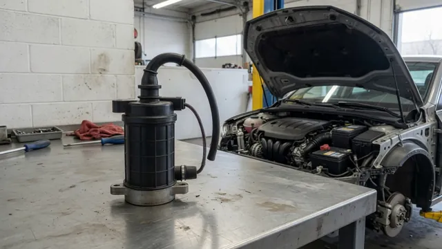Ignition coil and rubber boot on a workbench beside a Ford engine bay