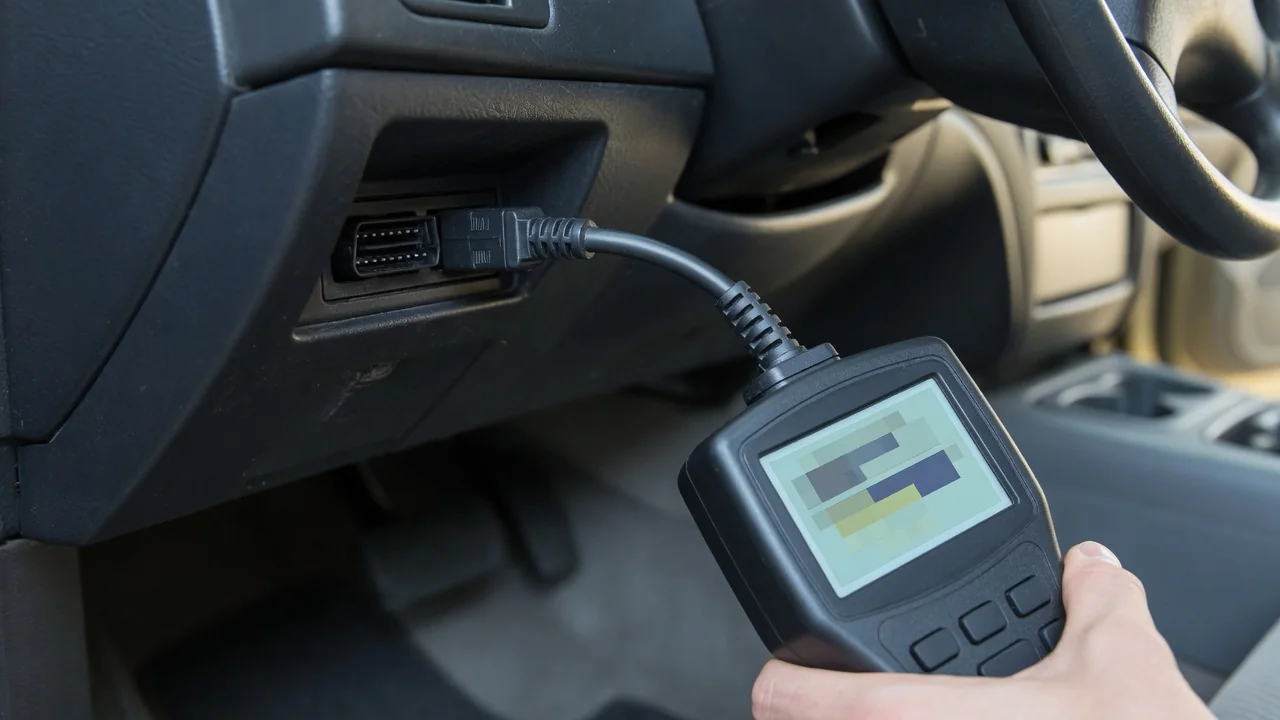 OBD-II scan tool connected under a car dashboard, reading a stored trouble code
