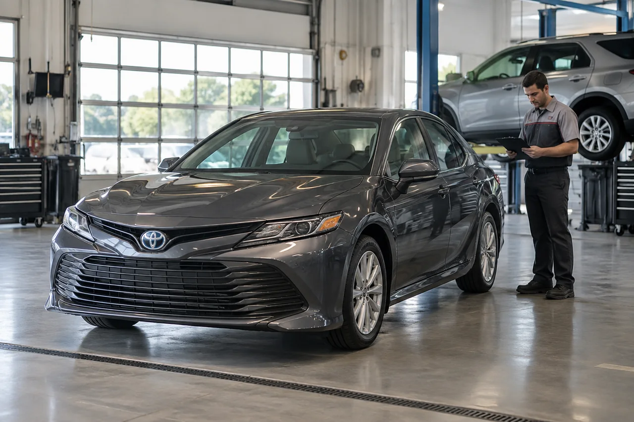 Toyota Camry parked in a service bay for a suspension inspection
