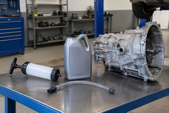 Clean fluid transfer pump and hose beside a transmission side fill port on a workshop display