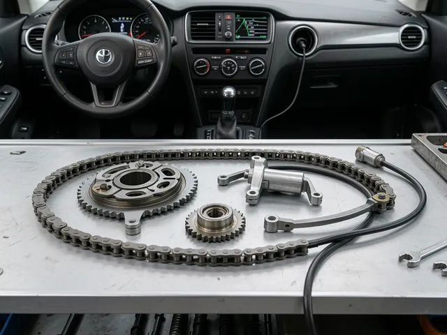 Conceptual view of an Ecotec timing chain, sprockets, guides, and tensioner on a workshop bench.
