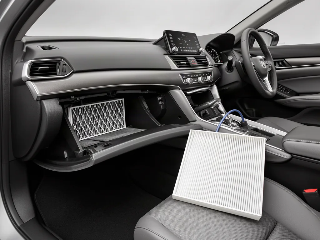 Honda Accord glovebox area with the cabin air filter access cover and replacement filter