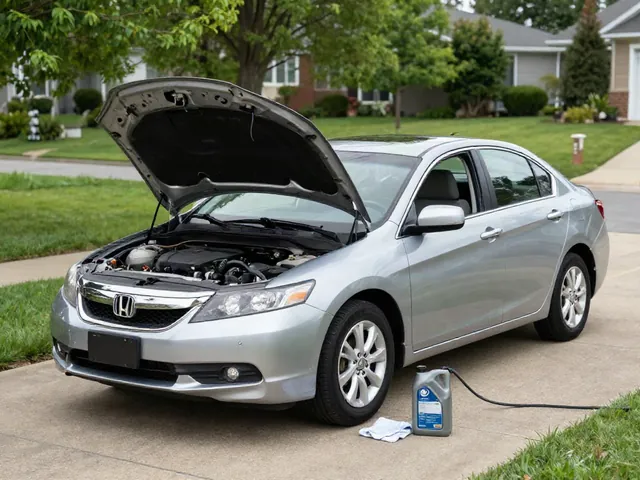 Honda Accord parked on a level driveway with its hood open for an engine oil check