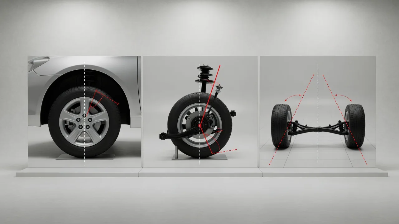 Diagrams showing camber from the front, caster from the side, and toe from above a car’s wheels.