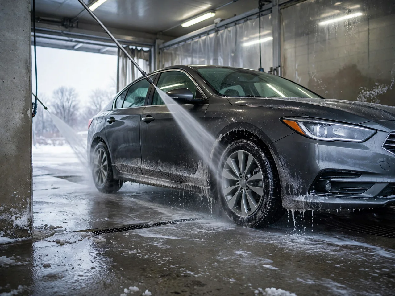 Car getting its lower body and wheel wells rinsed in a wash bay to remove winter road salt