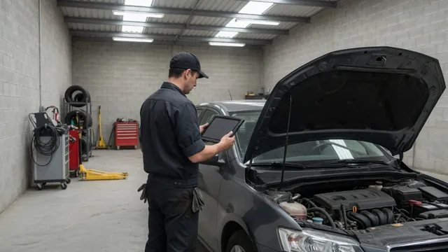 Technician reviewing scan data beside a parked vehicle with its hood open