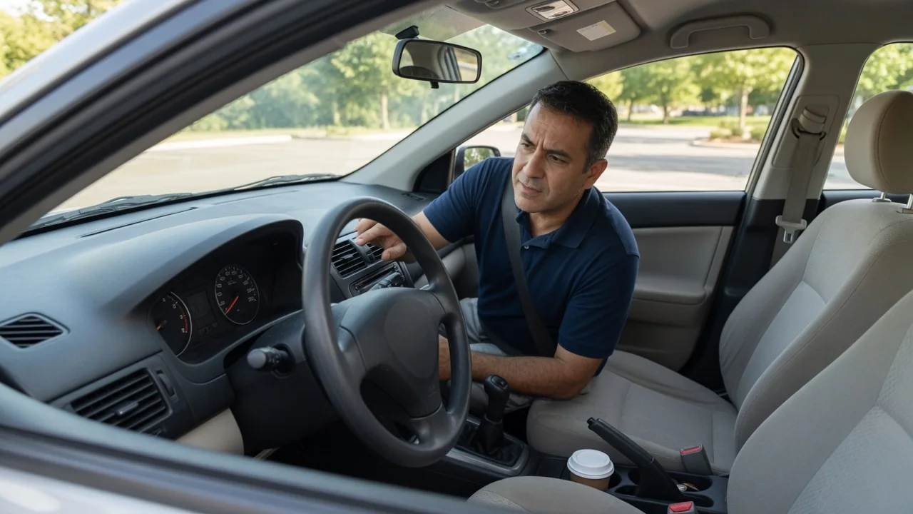 Driver listening from inside a parked car while noting an unfamiliar engine noise