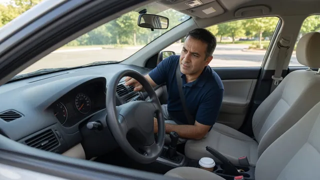 Driver listening from inside a parked car while noting an unfamiliar engine noise