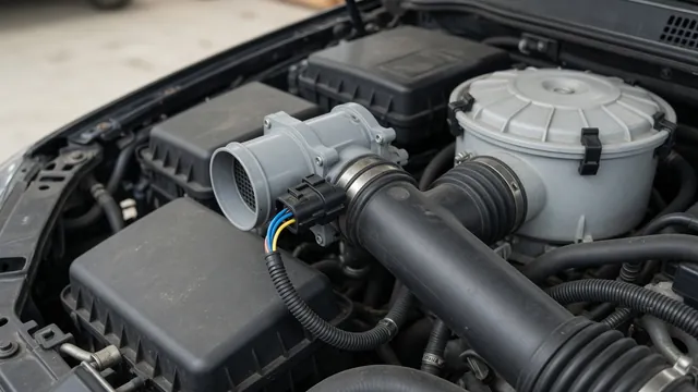 Illustration of an intake-mounted mass air flow sensor beside an air filter housing